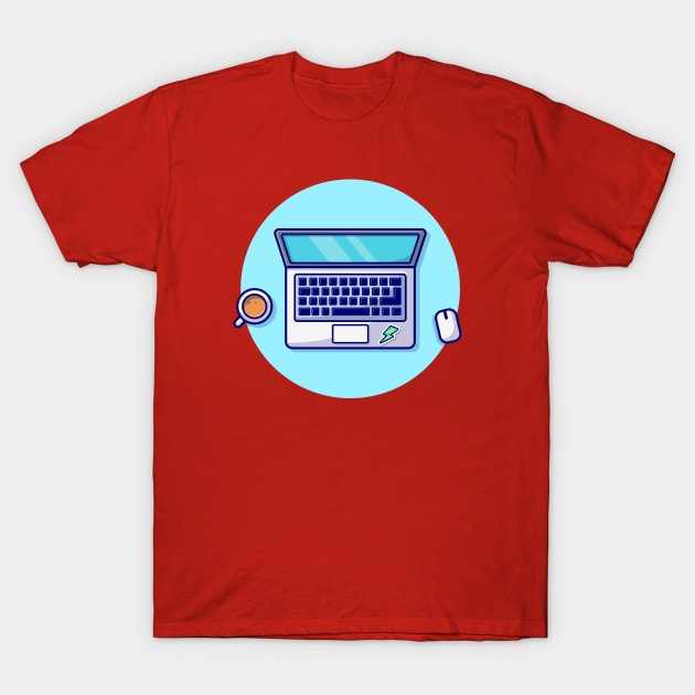 Laptop With Mouse And Coffee Cartoon Vector Icon Illustration T-Shirt by Catalyst Labs